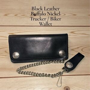 Buffalo Nickel Black Leather Trucker Biker Wallet Snap Closure Silver Chain